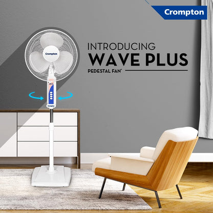 Crompton Wave Plus 400 mm High Speed Pedestal Fan | Adjustable Height | Smooth Oscillation | Superior Air Delivery | 2 Year Warranty | White