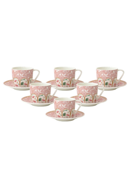 Clay Craft Fine Ceramic Printed Tea/Coffee Cup and Saucer Set of 12 (6 Cups + 6 Saucers) - 180 ml Each (Pink)