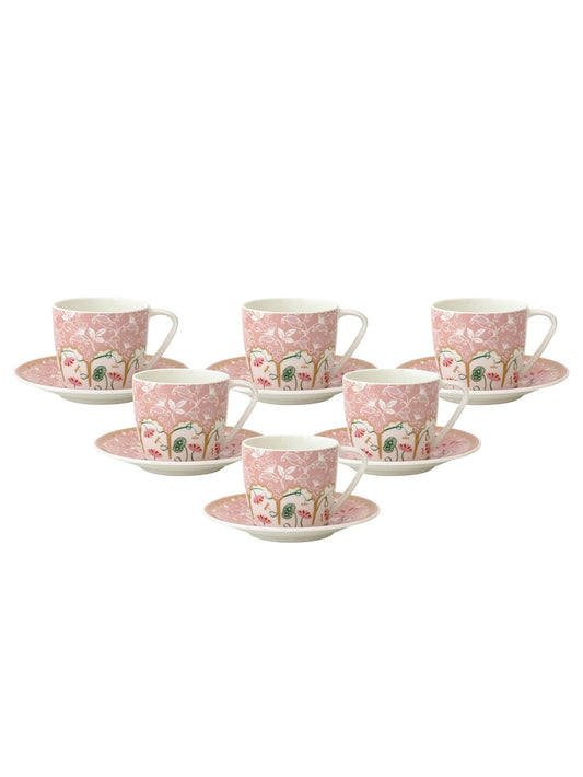 Clay Craft Fine Ceramic Printed Tea/Coffee Cup and Saucer Set of 12 (6 Cups + 6 Saucers) - 180 ml Each (Pink)