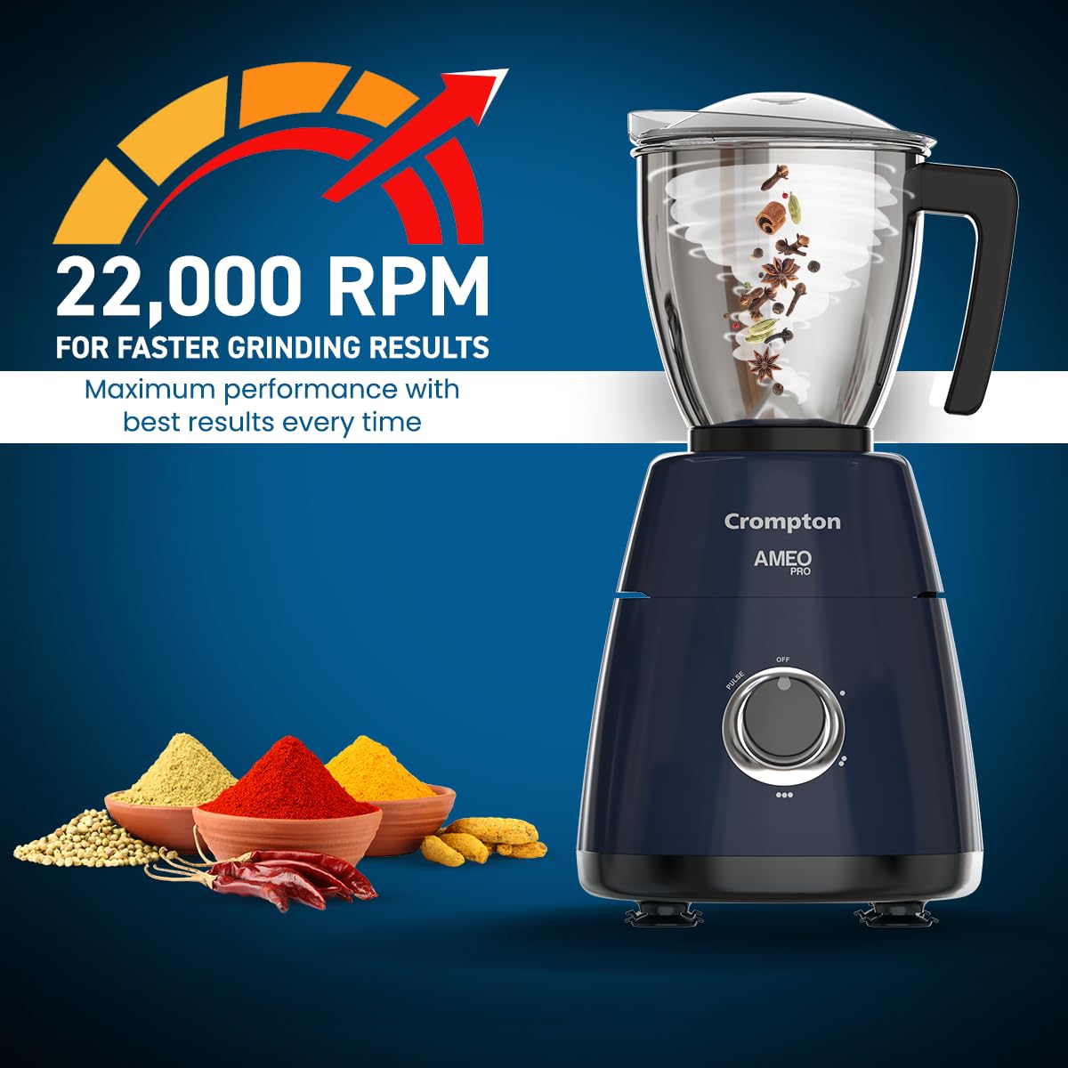 Crompton Ameo Pro 750W 3 Jar | Mixer Grinder | MaxiGrind | Motor Vent-X Technology |3 Stainless Steel Jars and 1 Juicer Jar | Black & Blue