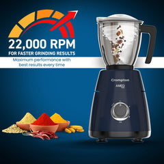 Crompton Ameo Pro 750W 3 Jar | Mixer Grinder | MaxiGrind | Motor Vent-X Technology |3 Stainless Steel Jars and 1 Juicer Jar | Black & Blue