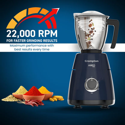 Crompton Ameo Pro 750W 3 Jar | Mixer Grinder | MaxiGrind | Motor Vent-X Technology |3 Stainless Steel Jars and 1 Juicer Jar | Black & Blue