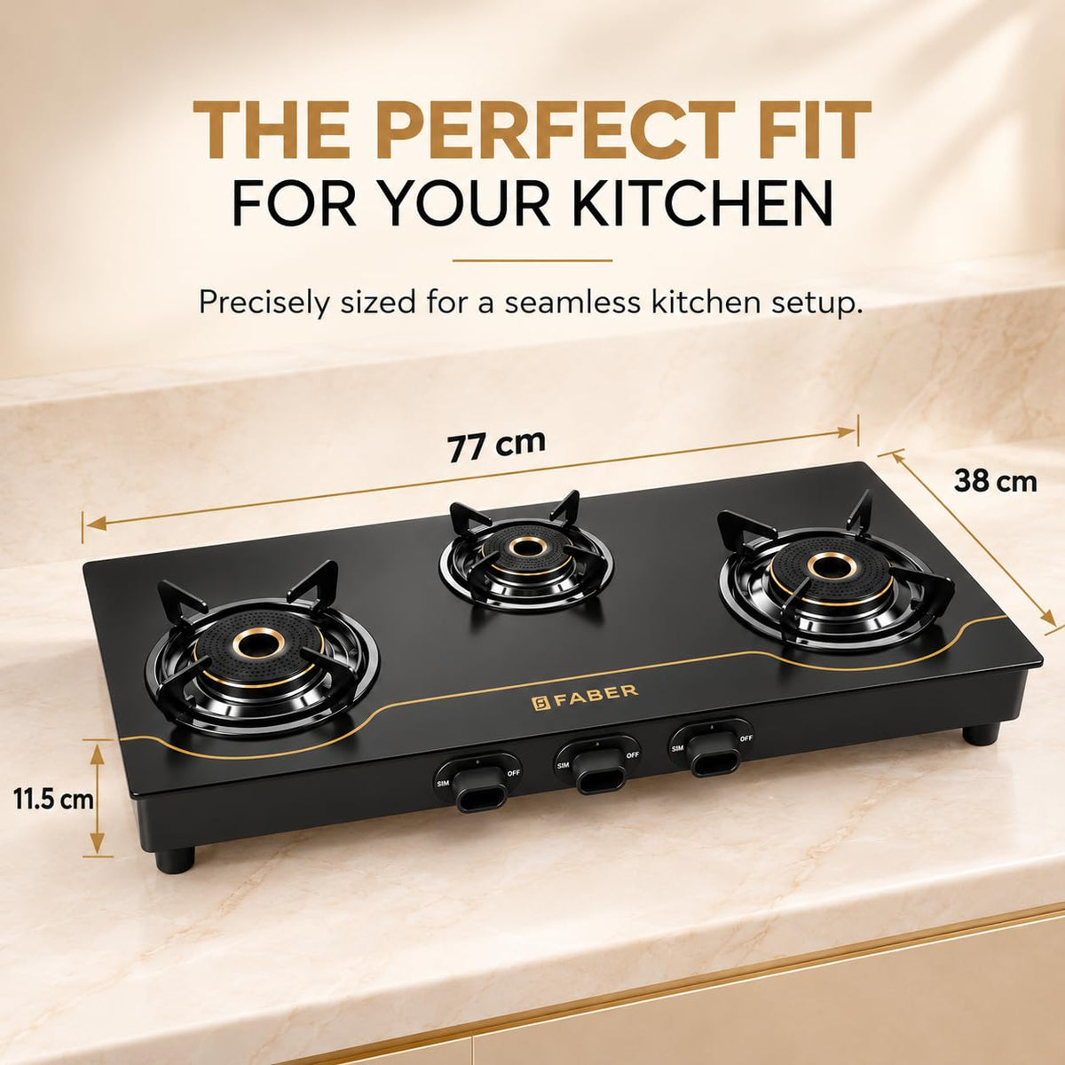 Faber 3 Burner 77cm Cooktop | 2 Jumbo + 1 small Brass Burners | Designer Matte Black Glass Finish |ABS Knobs| 5 Yrs Warr