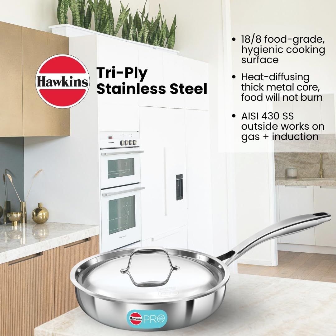 Hawkins Pro 22 cm Frying Pan, Triply Stainless Steel Fry Pan with Stainless Steel Handle and Stainless Steel Lid, Silver (PSF22S)