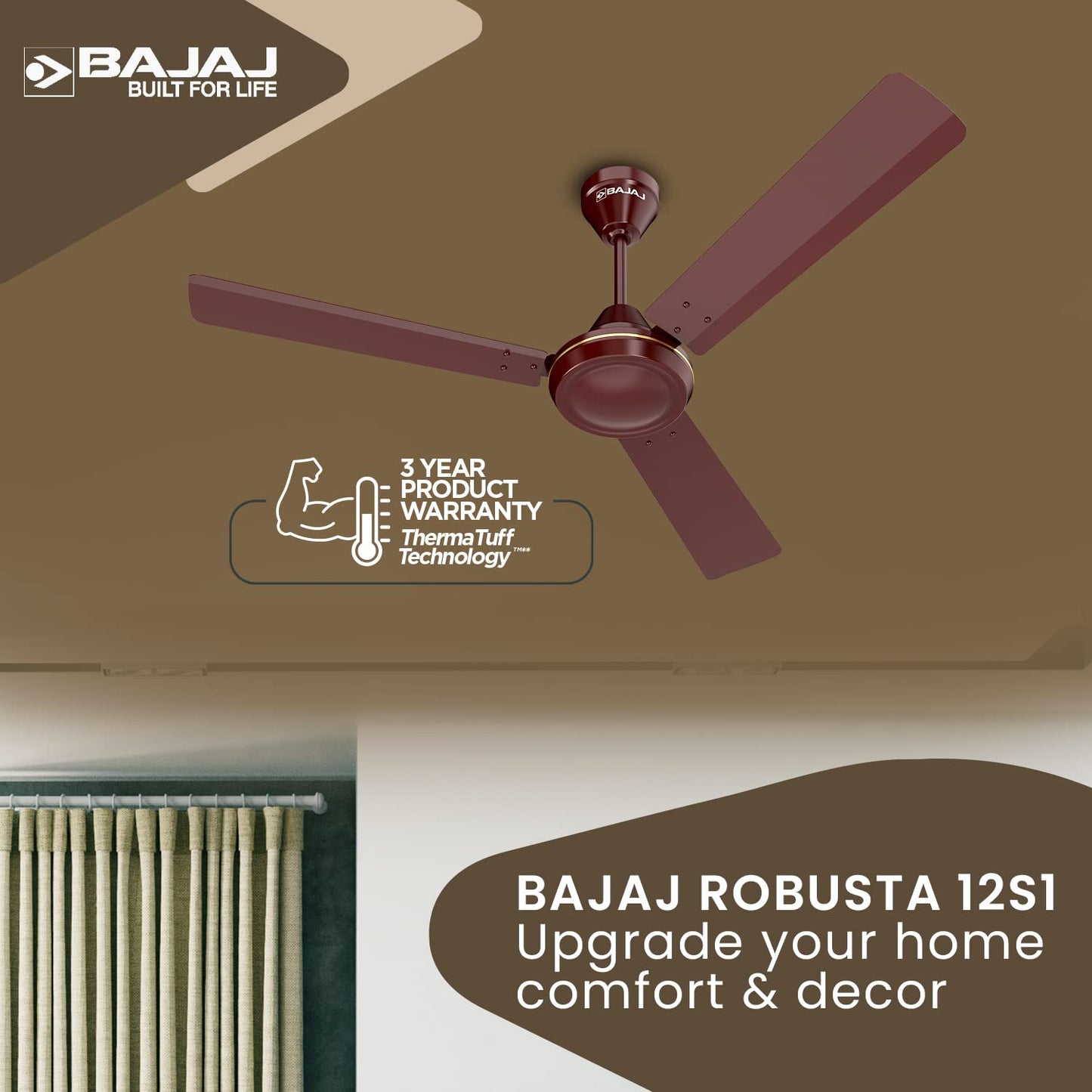 Bajaj Robusta 12S1 1200MM 1 Star Rated Ceiling Fans For Home | BEE Stars Rated Energy Efficient Ceiling Fan | Surgeprotekt Motor | 2 Years Warranty 【Base Brown】