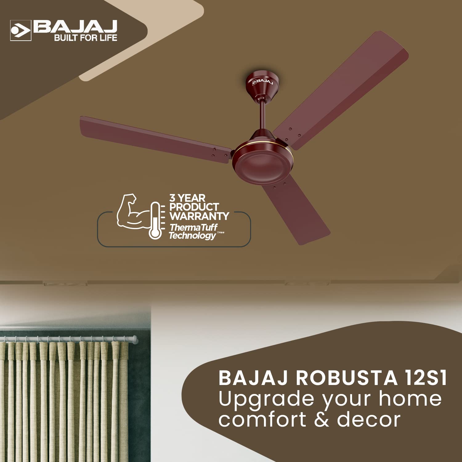 Bajaj Robusta 12S1 1200MM 1 Star Rated Ceiling Fans For Home | BEE Stars Rated Energy Efficient Ceiling Fan | Surgeprotekt Motor | 2 Years Warranty 【Base Brown】
