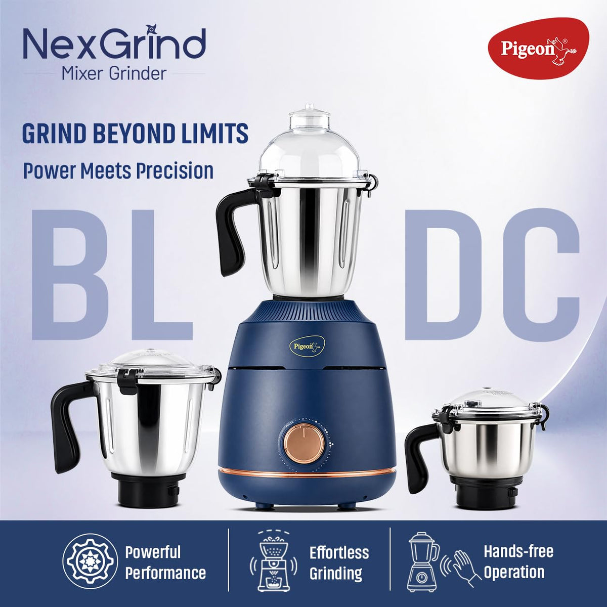 Pigeon Nex Grind 3 jar Blue color Mixer Grinder | 800W Powerful BLDC motor