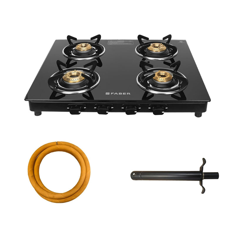 Faber 4 Burner Daisy Pro Cooktop | Free Hose Pipe & Piezo Lighter | Black Glass Top | Powder Coated Pan Support | Manual