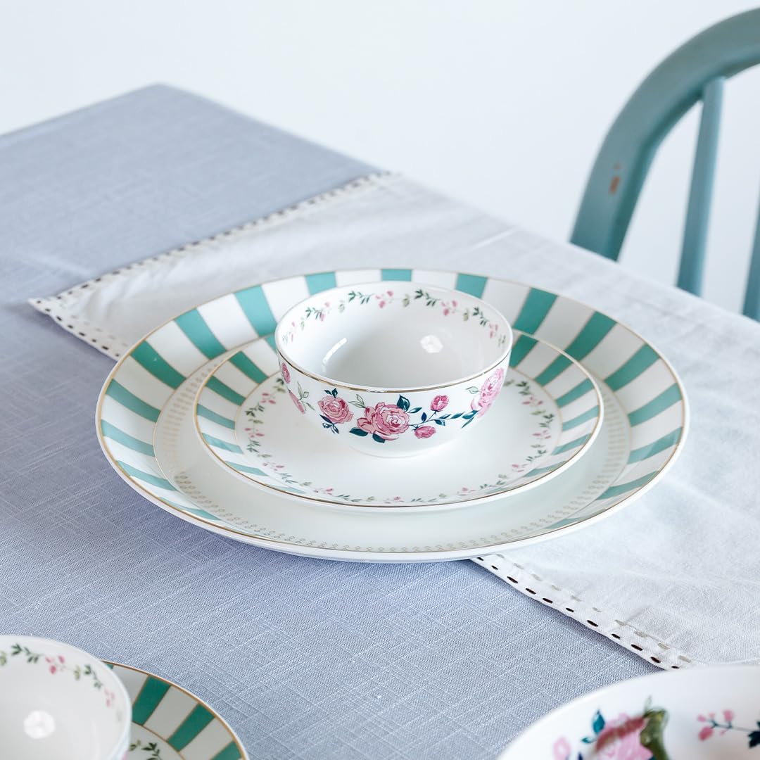 Magique by The Wishing Chair x ClayCraft : Portrait of a Rose 20-Piece Ceramic Dinner Set with Gold | Elegant Floral Plates & Bowls | Glossy Finish | Ideal for Parties & Festive Dining