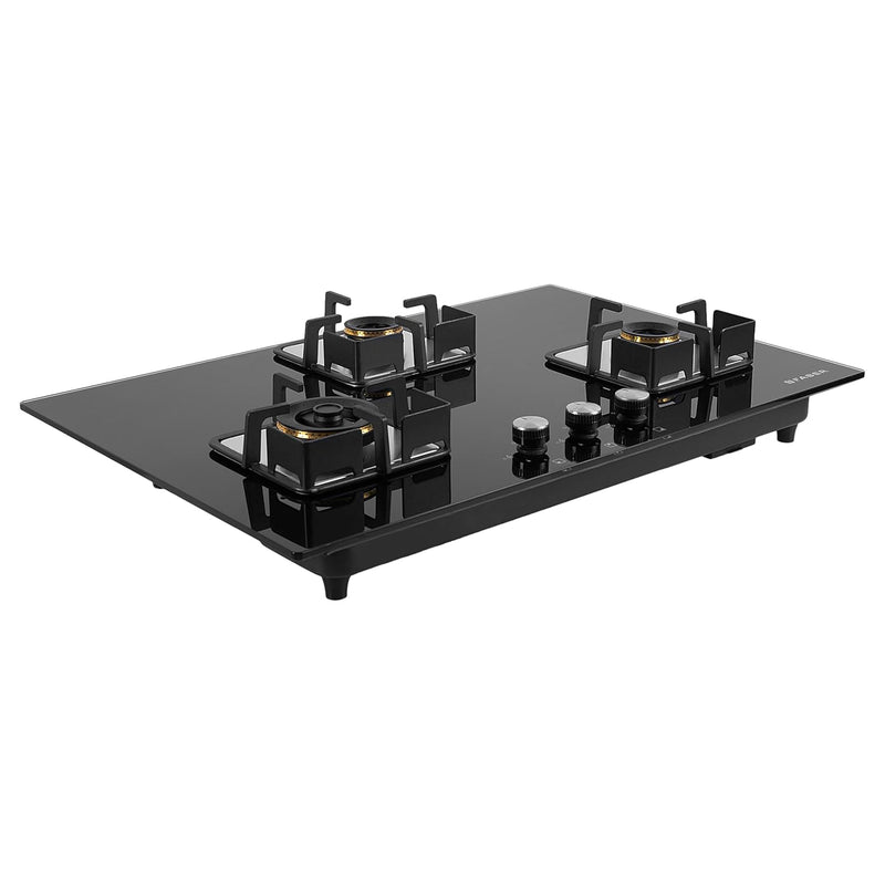 Faber 3 Burner HCT 78 cm Hob| Brass Burners| Bakelite Knobs| Cast Iron Pan Support | Hob/Cooktop Hybrid Toughened Glass 