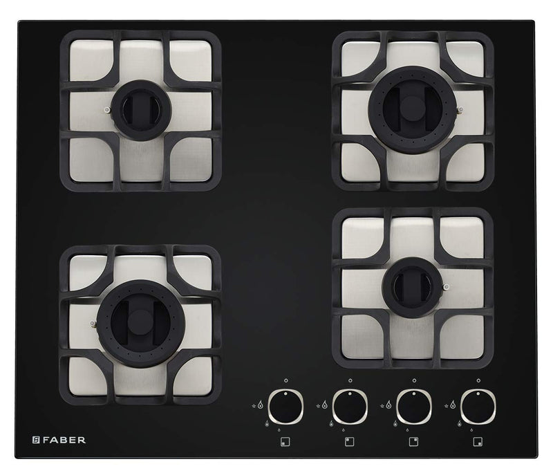 Faber Glass and Mild Steel Hobtop Imperia 604 BRB Ci Bk 4 Brass Burner Auto Electric Ignition Glass Top (Black)