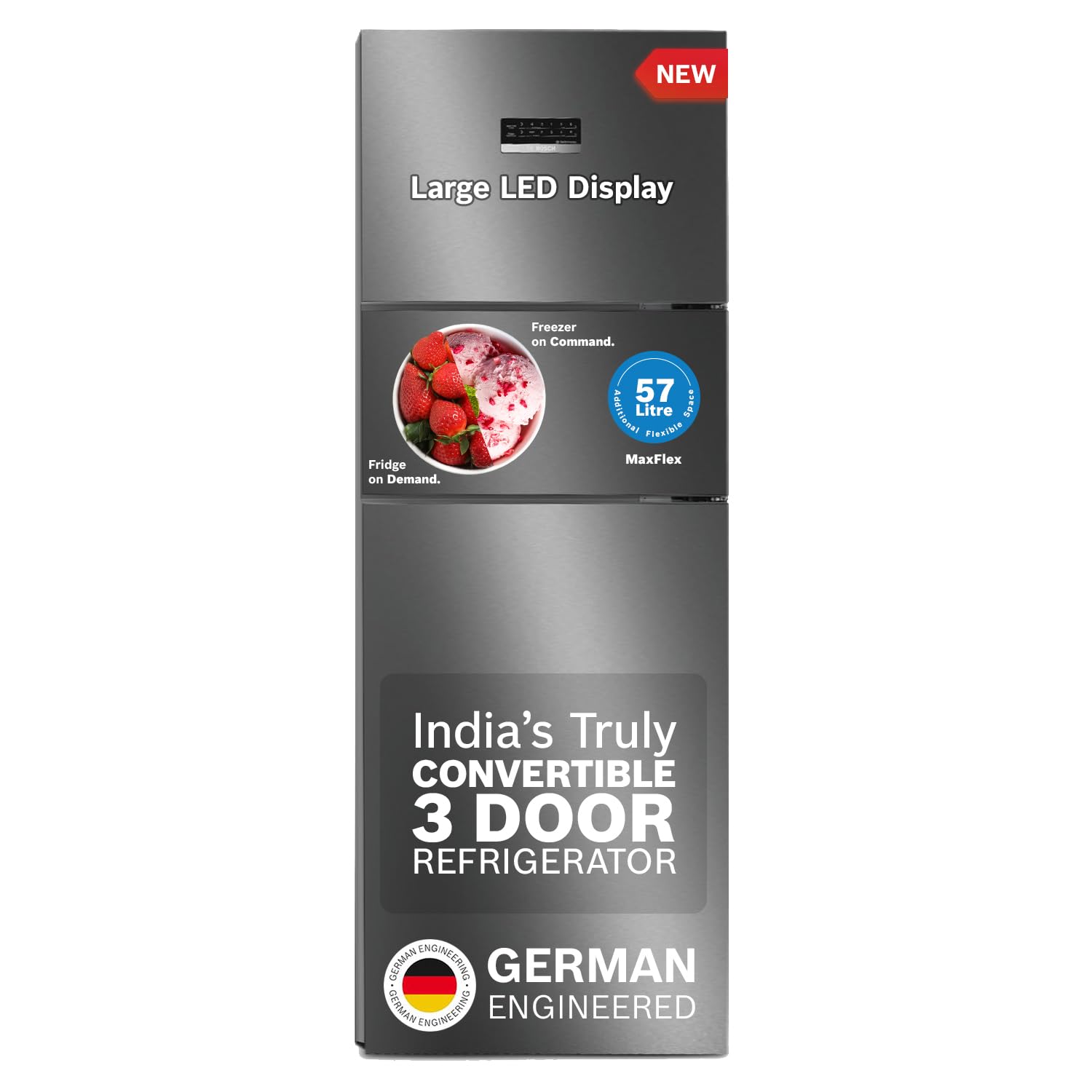 BOSCH MaxFlex Convert 302 L 3 Star Inverter Frost Free Triple Door Refrigerator (CMC33K03NI, 8-in-1 Convertible, UV Protected Body Shield, VitaFresh Technology, Adaptive UI, Sparkly Steel)