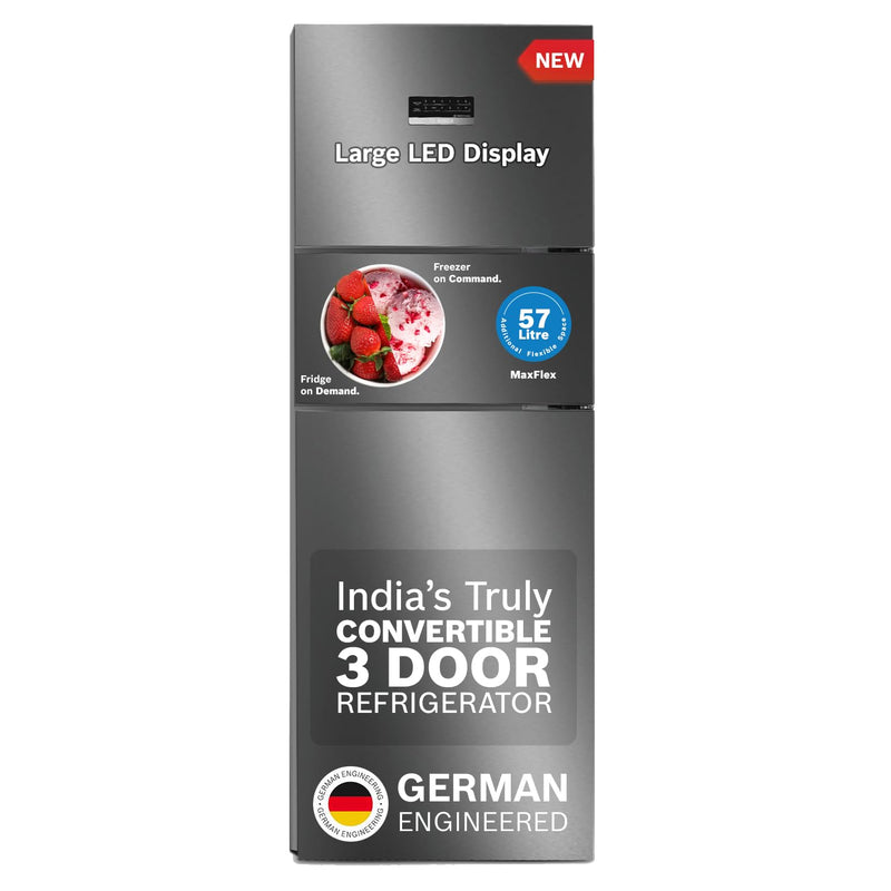 BOSCH Max Convert 368L, 3-Star, Inverter Frost Free Double Door Refrigerator With Water Dispenser (CTC39S03DI, 6-in-1 Convertible, VitaFresh Technology, 2 Cooling System, Shiny Silver)