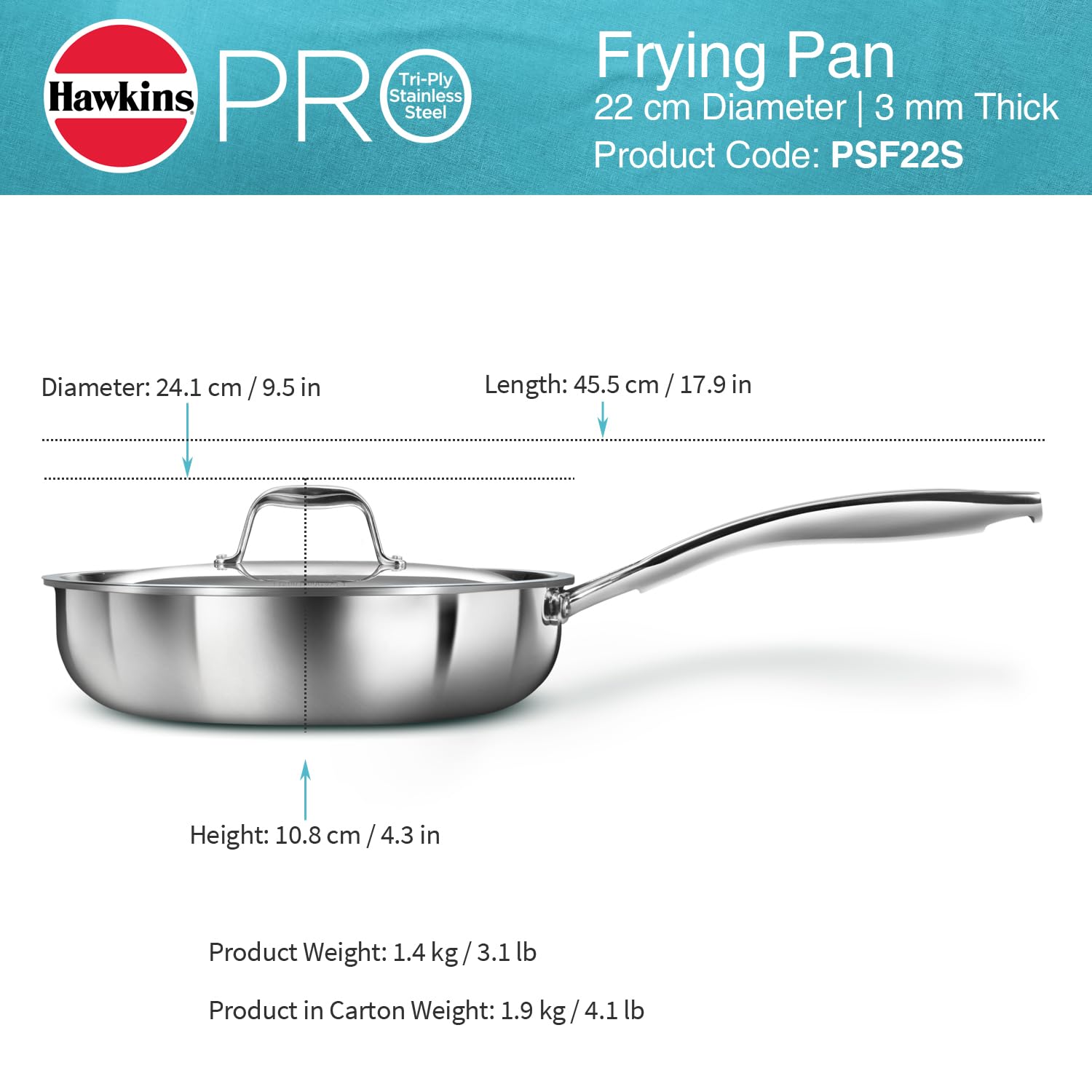 Hawkins Pro 22 cm Frying Pan, Triply Stainless Steel Fry Pan with Stainless Steel Handle and Stainless Steel Lid, Silver (PSF22S)