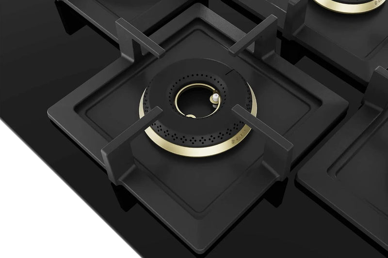 Bosch Built in Gas Hob Black Tempered glass Glass 4 Burner Auto Ignition 75 cm Full Brass 3D Ring Burners with Matt Black Heat Shields & Cast Iron pan supports (PNI7B6G20I)