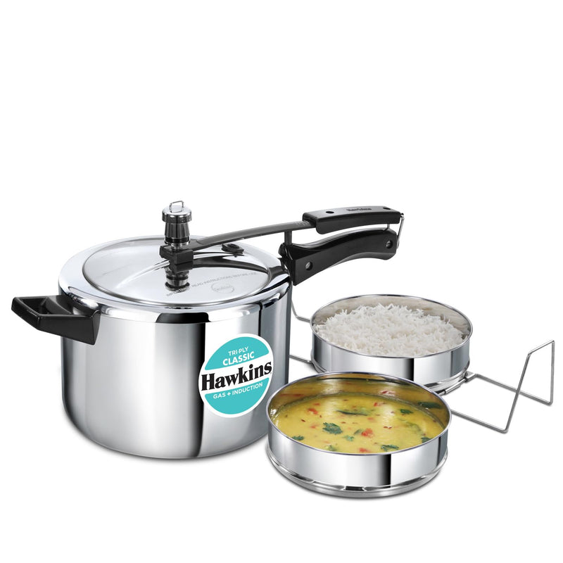 Hawkins Classic 5 Litre Tri-Ply Pressure Cooker with Separator, Triply Stainless Steel Inner Lid Cooker, Silver (SSTCL51)