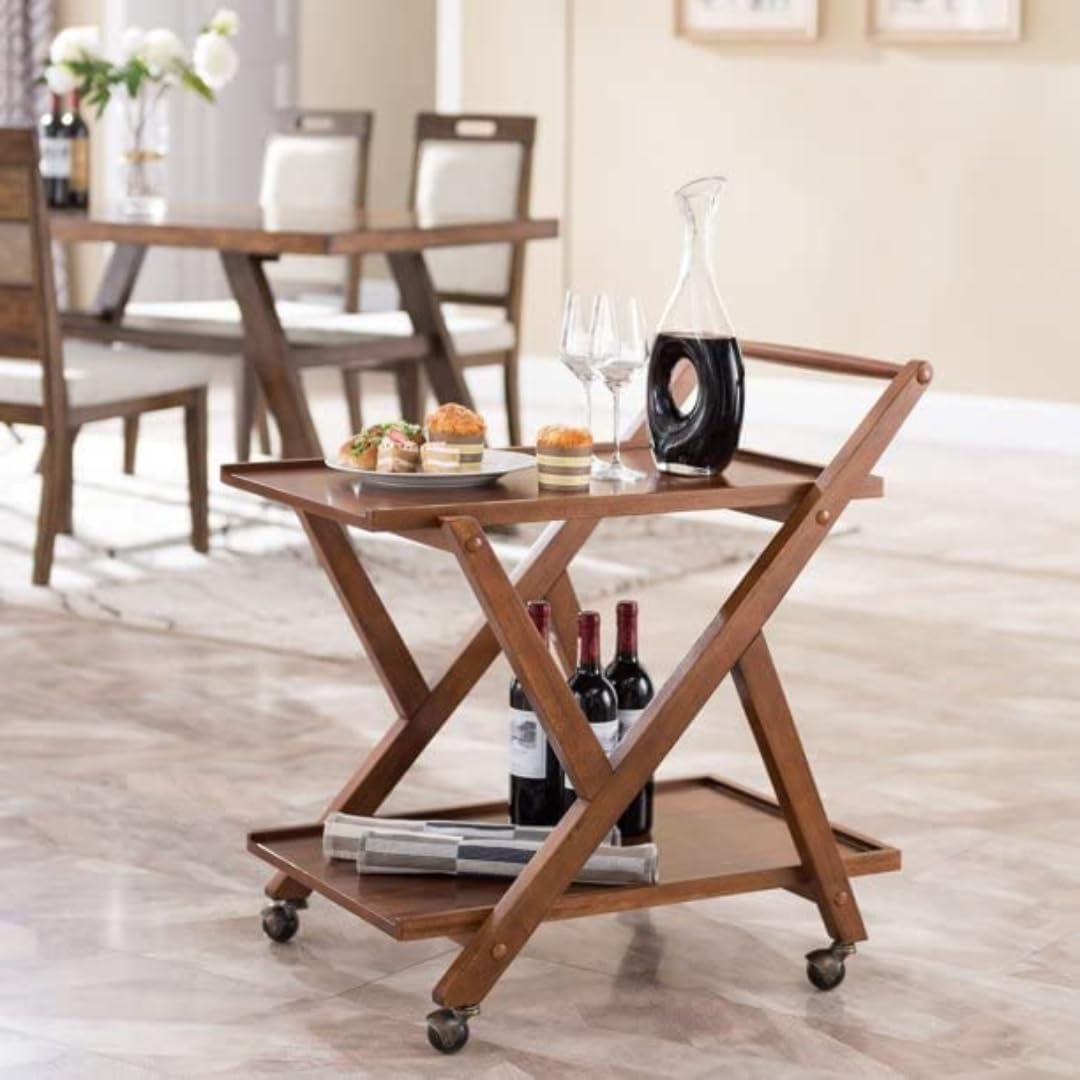 Solid Wood Bar Trolley | Serving Trolley with Wheels | Wooden Wine Cart for Home & Living Room | Whiskey Maple 