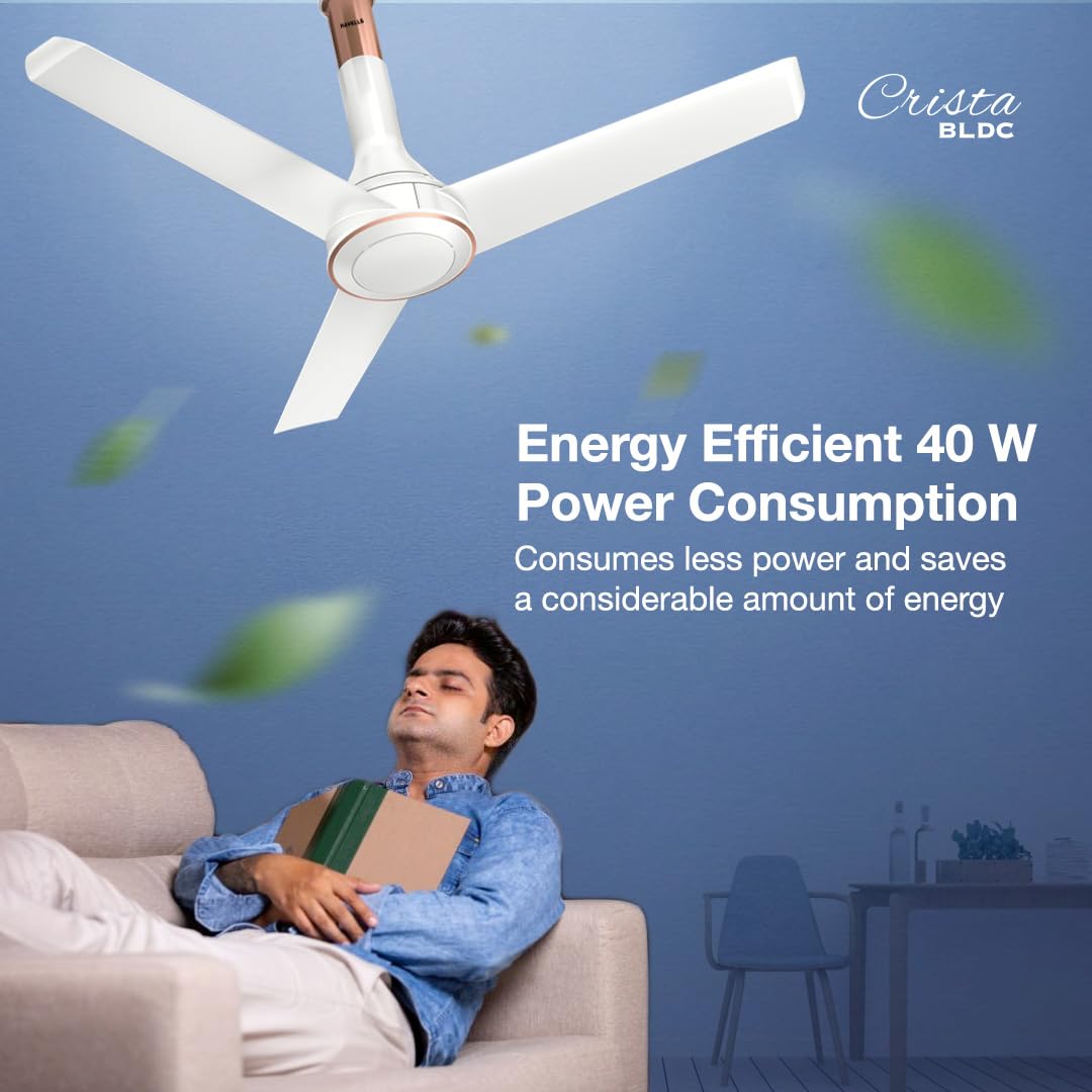 Havells 1200mm Crista BLDC Motor Ceiling Fan | Premium Finish with RF Remote, 100% Copper, Upto 60% Energy Saving | Low Noise: 55dB, 2 Year Warranty | (Pack of 1, Pearl White LT Copper)
