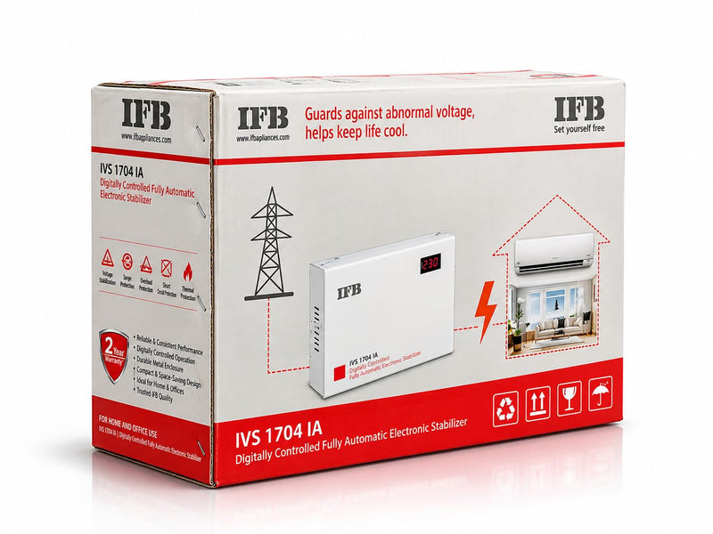 IFB IVS 1704 IA Slim Electronic Voltage Stabilizer for 1.5 Ton AC, 130V-300V, 12 Amps, White, Metal, Wall Mount Digital 