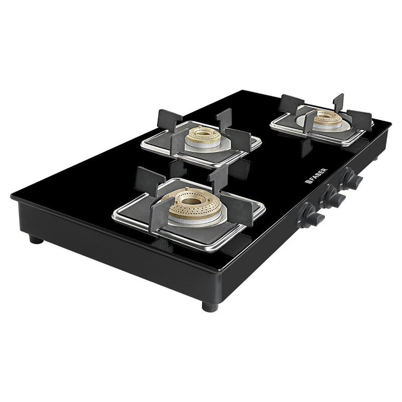 Faber Glass Top 3 Burner Gas Stove (Hob Cooktop Pearl 3BB BK) with Jumbo Burner, Diamond Coated Pan Support, Manual Igni