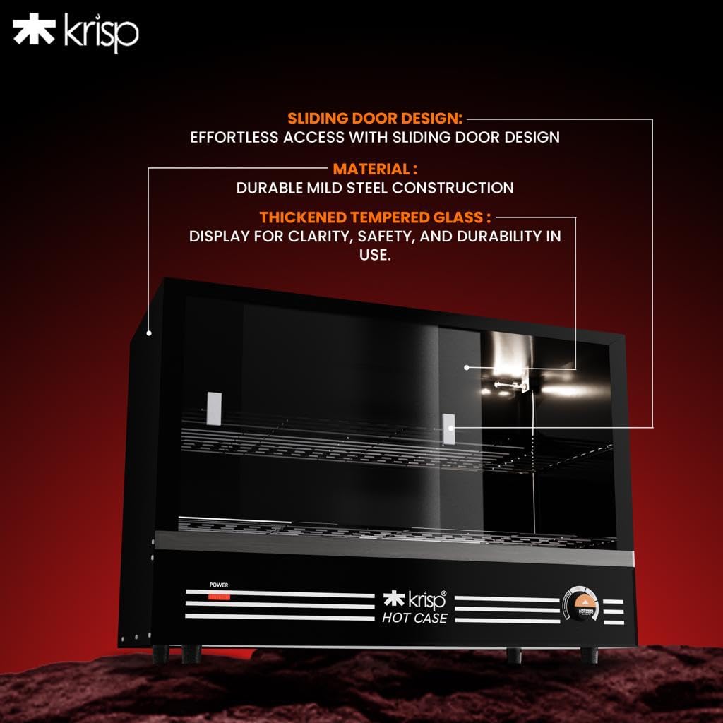 KRISP Electric Patties Hot Case with Sliding Door | Commercial Food Warmer Oven for Bakery, Fast Food Counter | Buffet Oven for Puff Warmer Machine for Shop | 48 Litre Capacity (Black) 700 Watts