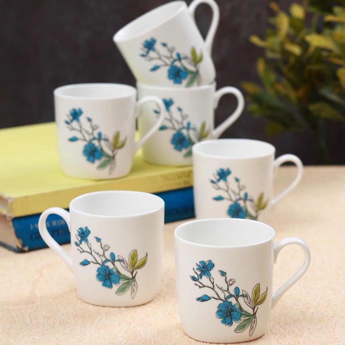 Clay Craft Fine Ceramic | Floral Printed | Tea/Coffee Cups - Set of 6-180 ml Each (Blue Flower), Tea Cup Set of 6, Microwave & Dishwasher Safe, Mugs for Coffee, Cups Set of 6, Ideal for Gifting