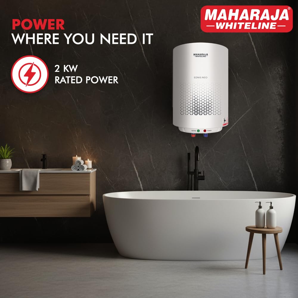 Maharaja Whiteline Energy Efficient Water Heater EDNIS NEO 25L | 4-Star Rated with Polymer-Coated Inner Tank, Smart Inlet Diffuser & Durable Metal Body | Long-Lasting Design with 5-Year Tank Warranty