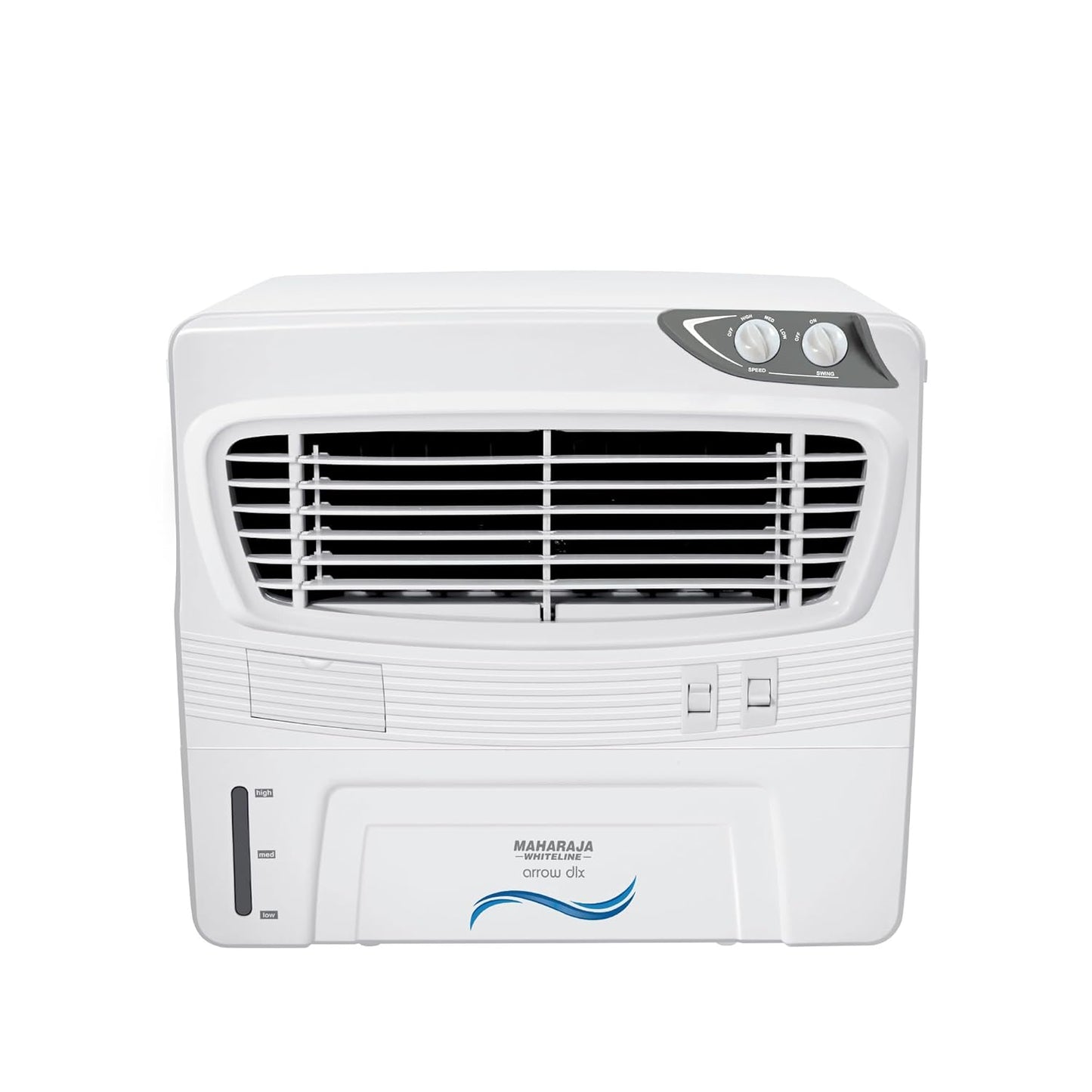 Maharaja Whiteline Arrow Deluxe Personal Air Cooler | 50 Litre Water Tank | High Delivery Rate of 2500CMH | Air Flow of 10.67 Meters | Air Cooler | 715x595x615 mm | White and Grey | 2 Yr Warranty