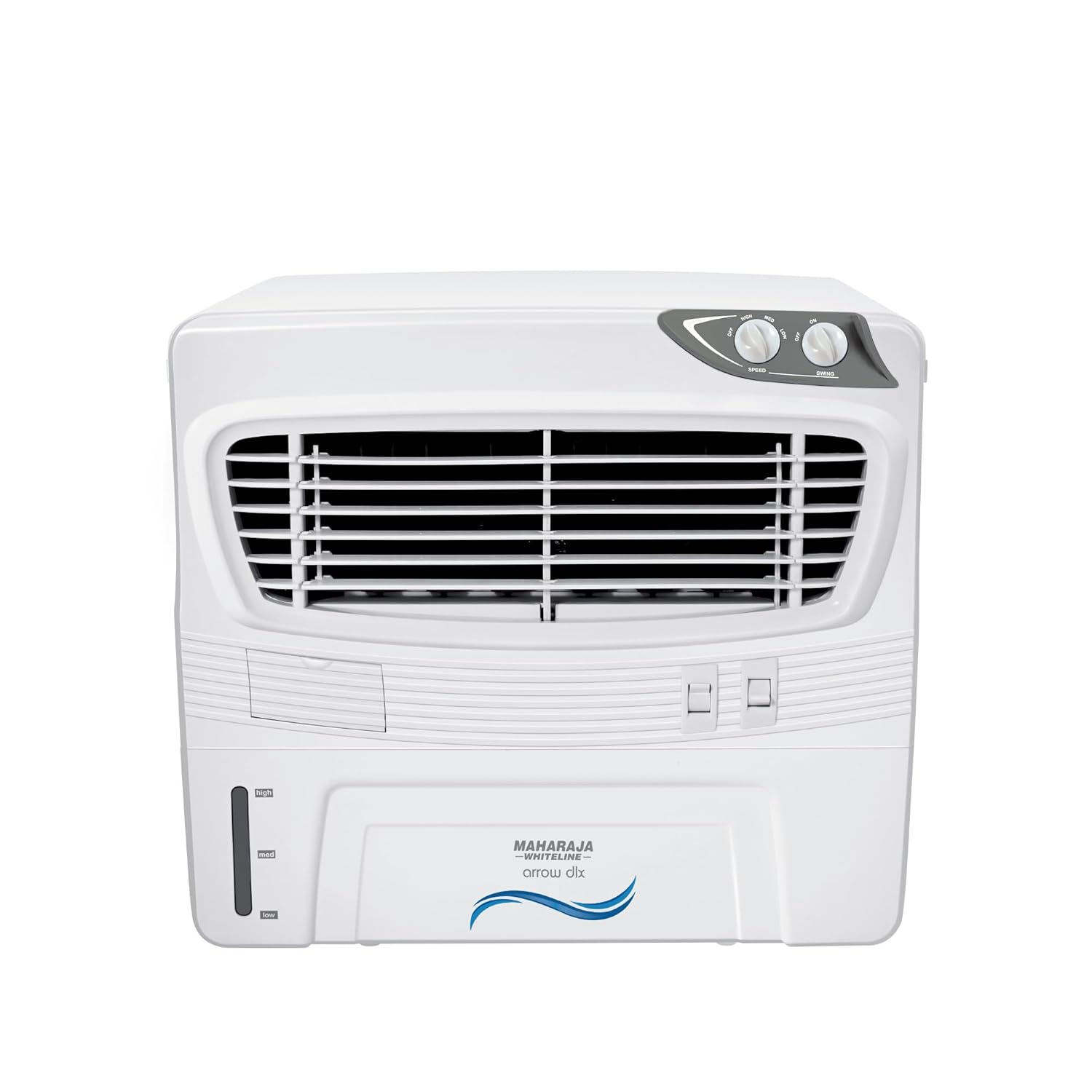 Maharaja Whiteline Arrow Deluxe Personal Air Cooler | 50 Litre Water Tank | High Delivery Rate of 2500CMH | Air Flow of 10.67 Meters | Air Cooler | 715x595x615 mm | White and Grey | 2 Yr Warranty