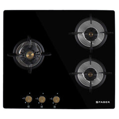 Faber Hob/Hobtop 3 Brass Burner Auto Electric Ignition Glass Top (Maxus HT603 CRS BR CI AI) Black
