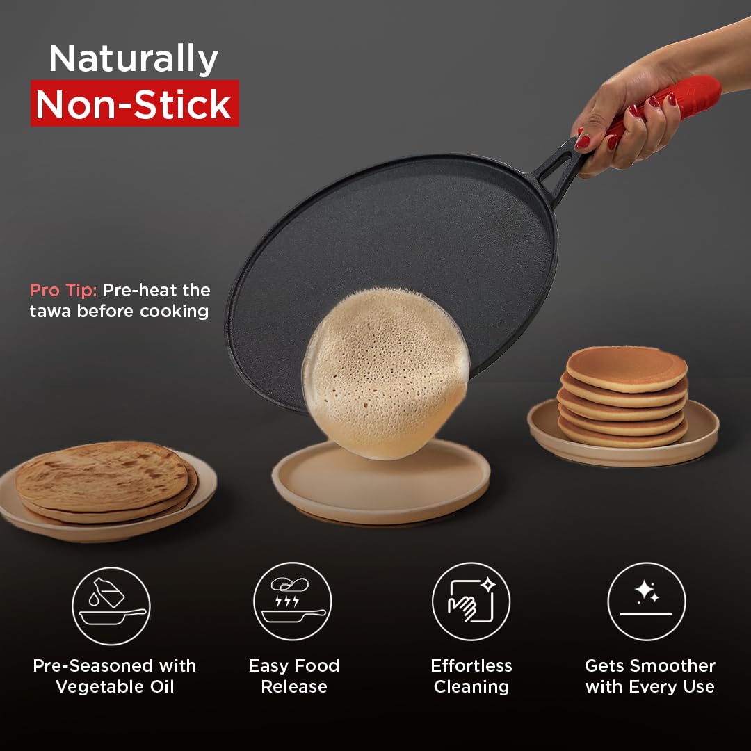 Pigeon by Stovekraft Pre-Seasoned Cast Iron Tawa 28 cm | Pre-Seasoned with 100% Vegetable Oil | Naturally Nonstick | Hig