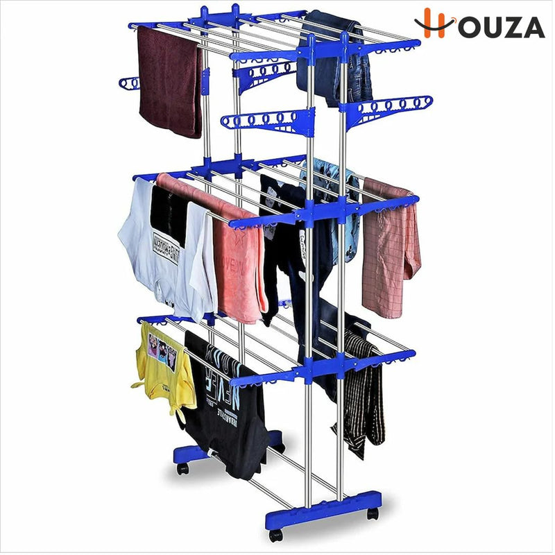 HOUZA Premium Stainless Steel Clothes Drying Stand with Wheels | 3 Layer Foldable Cloth Dryer Stand/Rack for Household, Balcony, Indoor & Outdoor | Portable & Rustproof- Blue