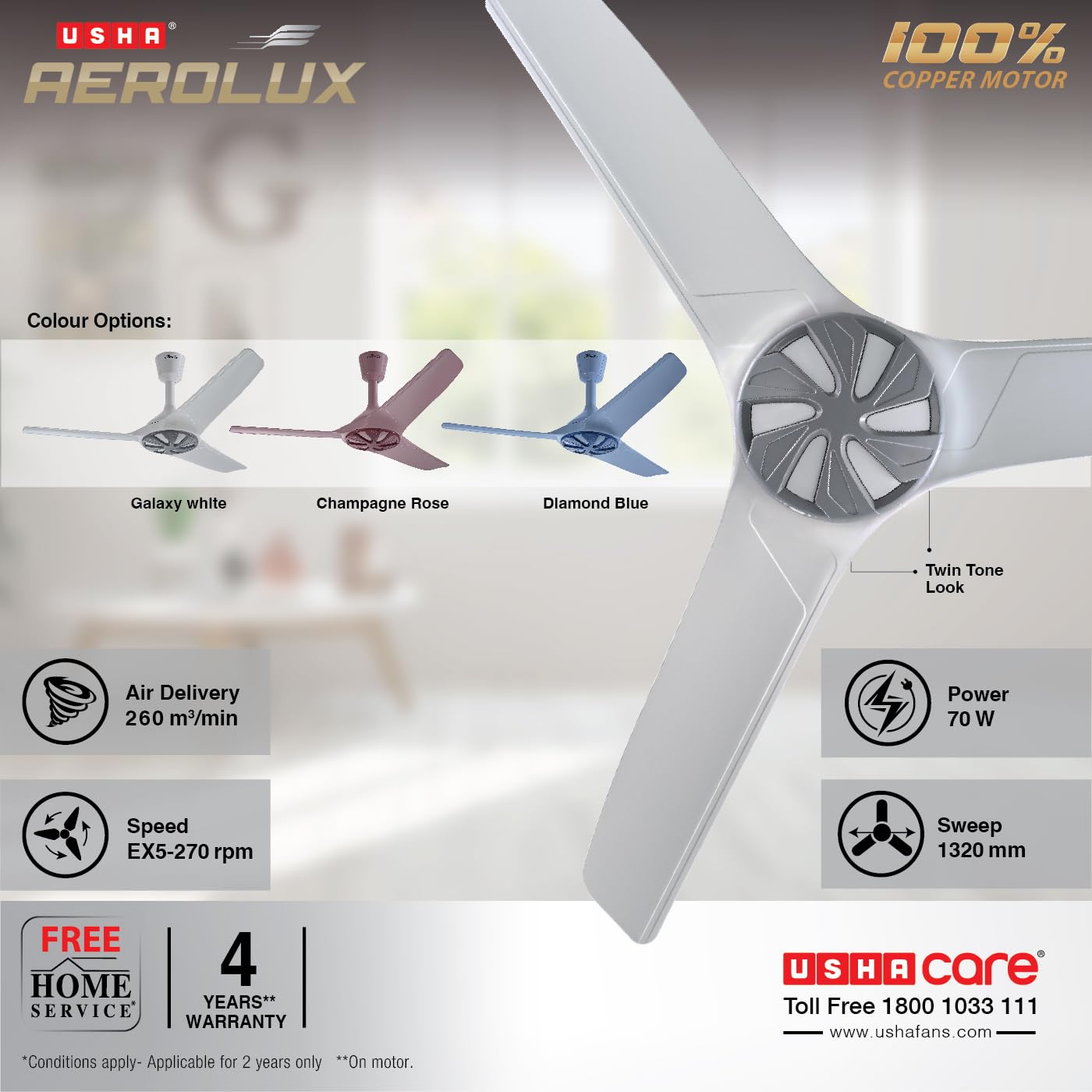 USHA Aerolux EX5 1320 mm Premium Design, Silent Ceiling Fan with ABS Blades (Galaxy White)