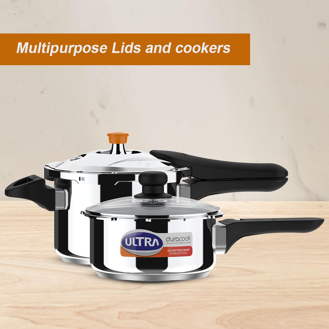 Ultra Duracook Mini Celebrations pack of 2L & 3L Pressure cooker,Gifting,SS304 FoodGrade,Interchangeable Lids,Frothcollector,Induction,3 Layer Composite Base,solid Bakelite handles,ISI,10Y Warranty