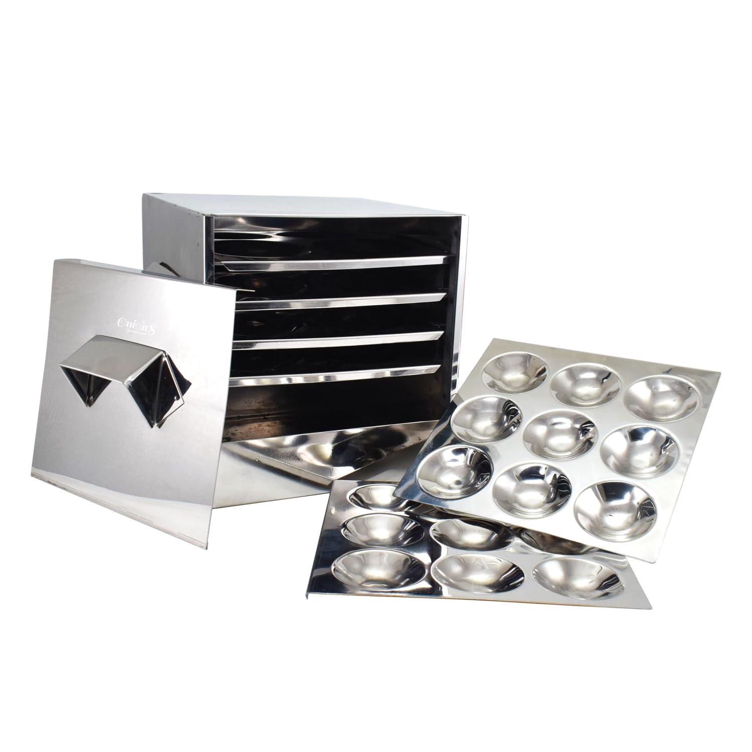 Onions Stainless Steel Cauka/Square/Cubic Idly cooker 4 + 2 plates with16 Regular idly Extra 2 Mini Idly plates - Gas stove and Induction Stove Compactible – FOR HOME USE ONLY