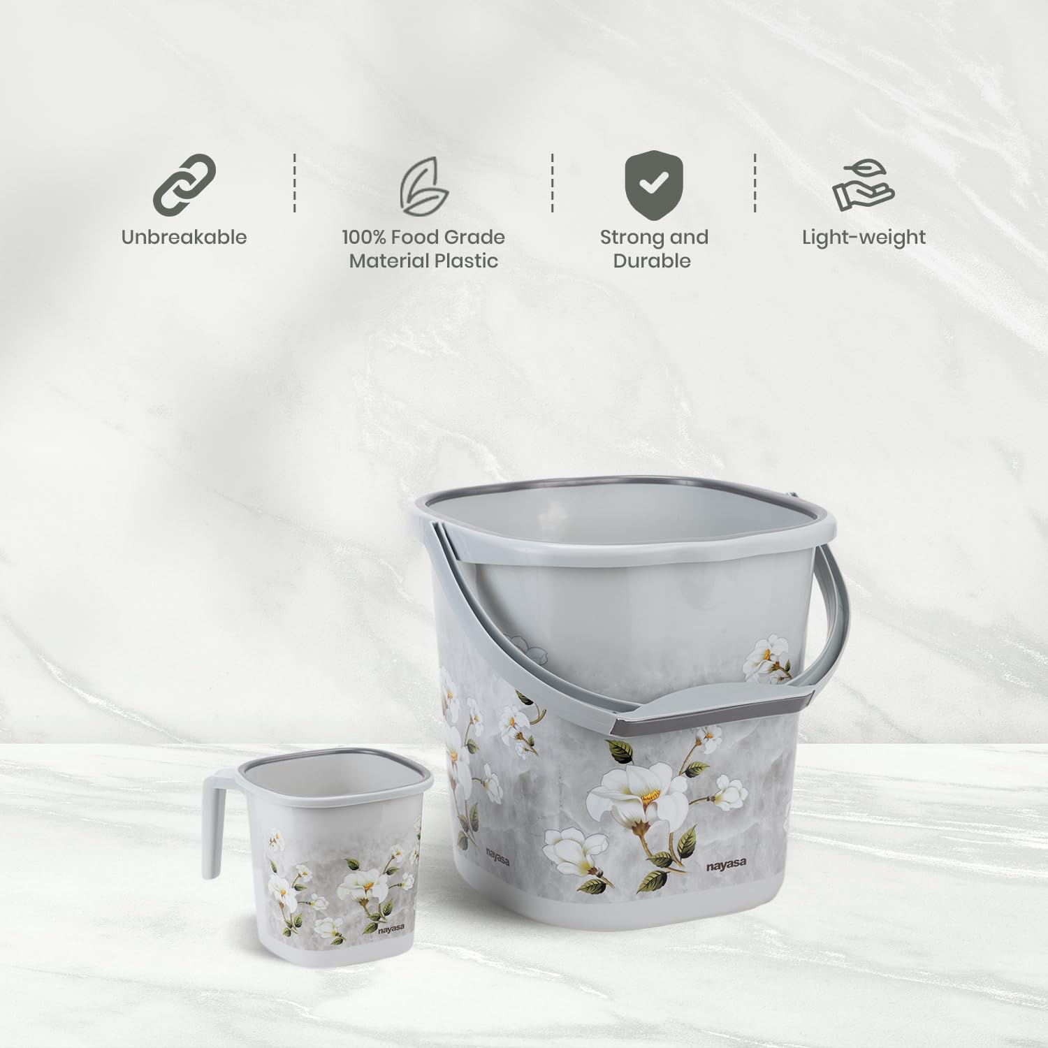 Nayasa Square Ring Marble Plastic Bucket Set for Bathroom | Bucket and Mug (18 Liters & 1.5 Liters) | Bathroom Set of 2 | Bathroom Accessories Set | Grey
