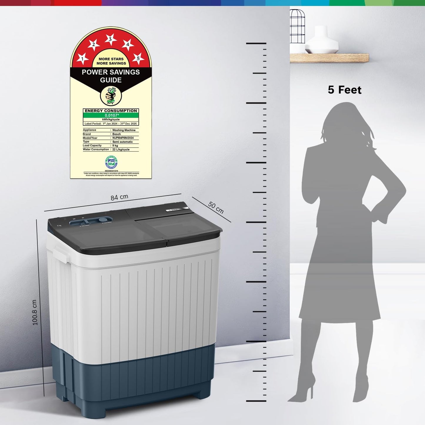 Bosch 9 kg 5 Star Semi-Automatic Top Loading Washing Machine (2025 Model, WJP904P0IN, 3 Wash Programs, Anti-Rust Body, 1300 RPM Spin Speed, Peacock Blue, 5 Years Comprehensive Warranty)