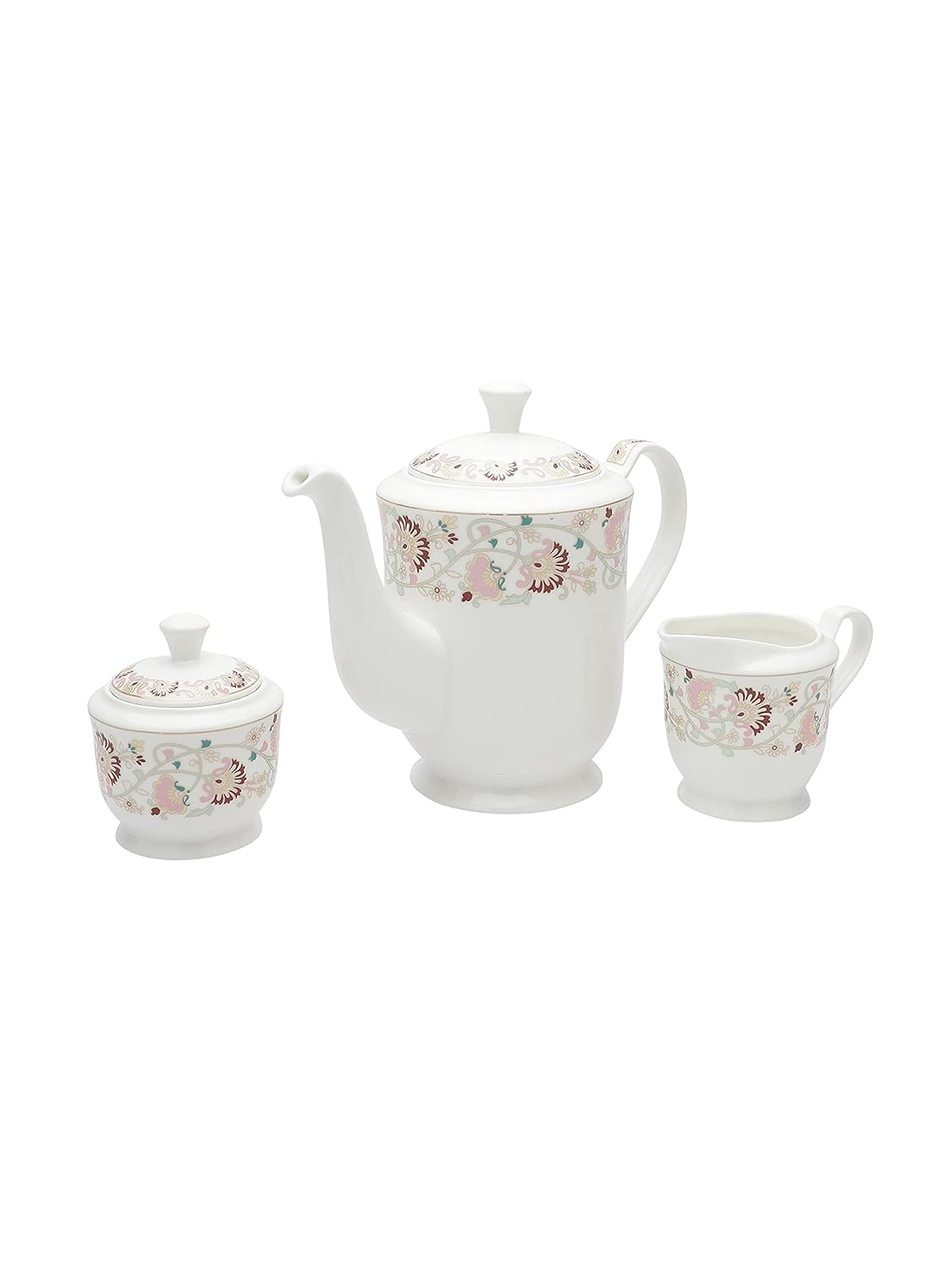 Clay Craft Fine Ceramic Tea Set of 15 (1 Tea Pot with Lid +6 Cups+6 Saucers +1 Milk Pot + 1 Sugar Pot) Can be Gifted to Any Ocassion to Your Loved Ones (Design 1 - Floral)