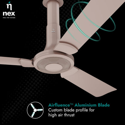 NNEX Glyde A40 1200 mm | BEE 2 Star Rated Premium Ceiling Fan | 20% Higher Air Thrust* | Airfluence™ Al Blades | Adjustable Downrod | 2-Yr Warranty | Blush