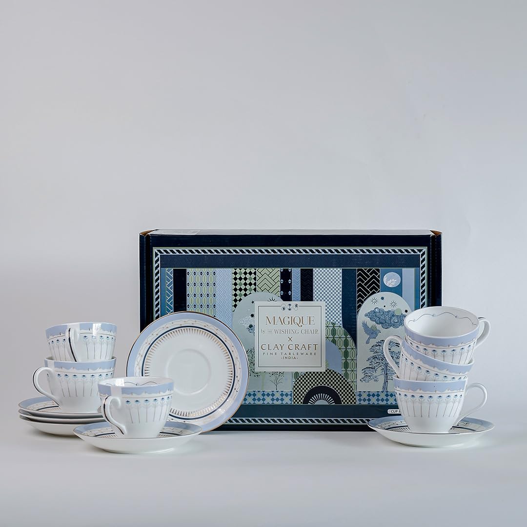 Magique by The Wishing Chair x ClayCraft : River of Flowers Tea Cups & Saucers Set of 6 | 180 ml Fine Ceramic Floral Cups | Elegant Glossy Finish | Ideal for Gifting & Home Use