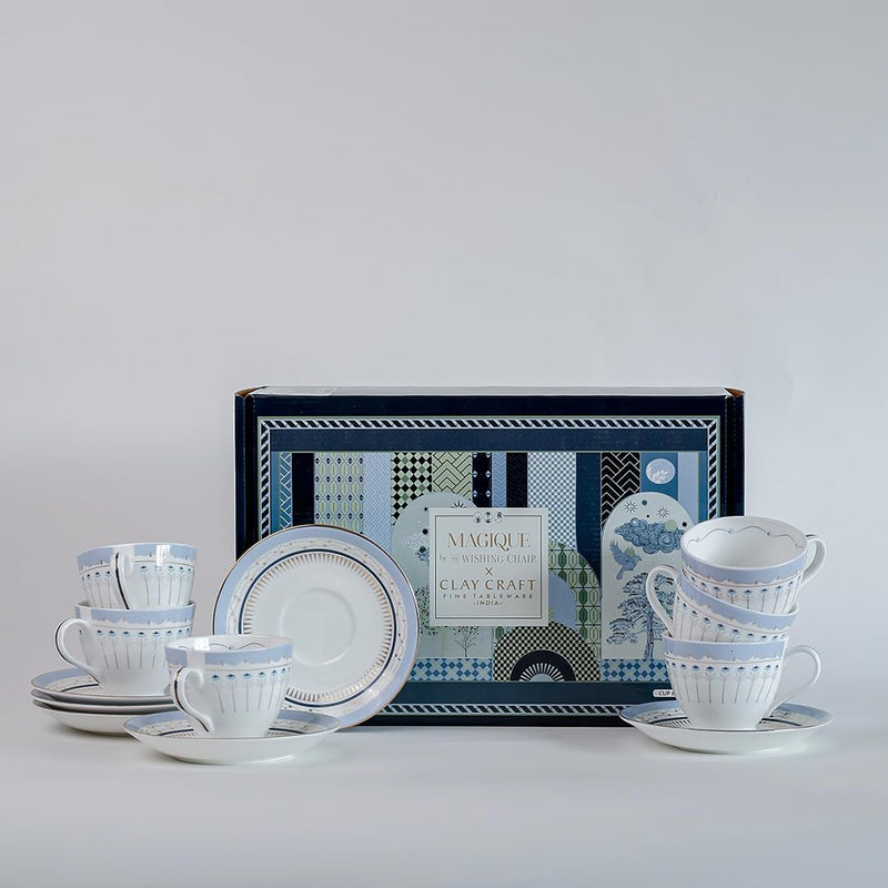 Magique by The Wishing Chair x ClayCraft : River of Flowers Tea Cups & Saucers Set of 6 | 180 ml Fine Ceramic Floral Cups | Elegant Glossy Finish | Ideal for Gifting & Home Use
