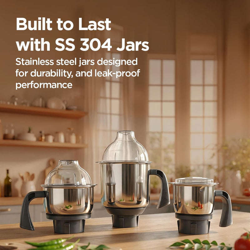 Preethi Blue Leaf Diamond Mixer Grinder, 750 Watt 3 Jars + Flexi Lid, Black