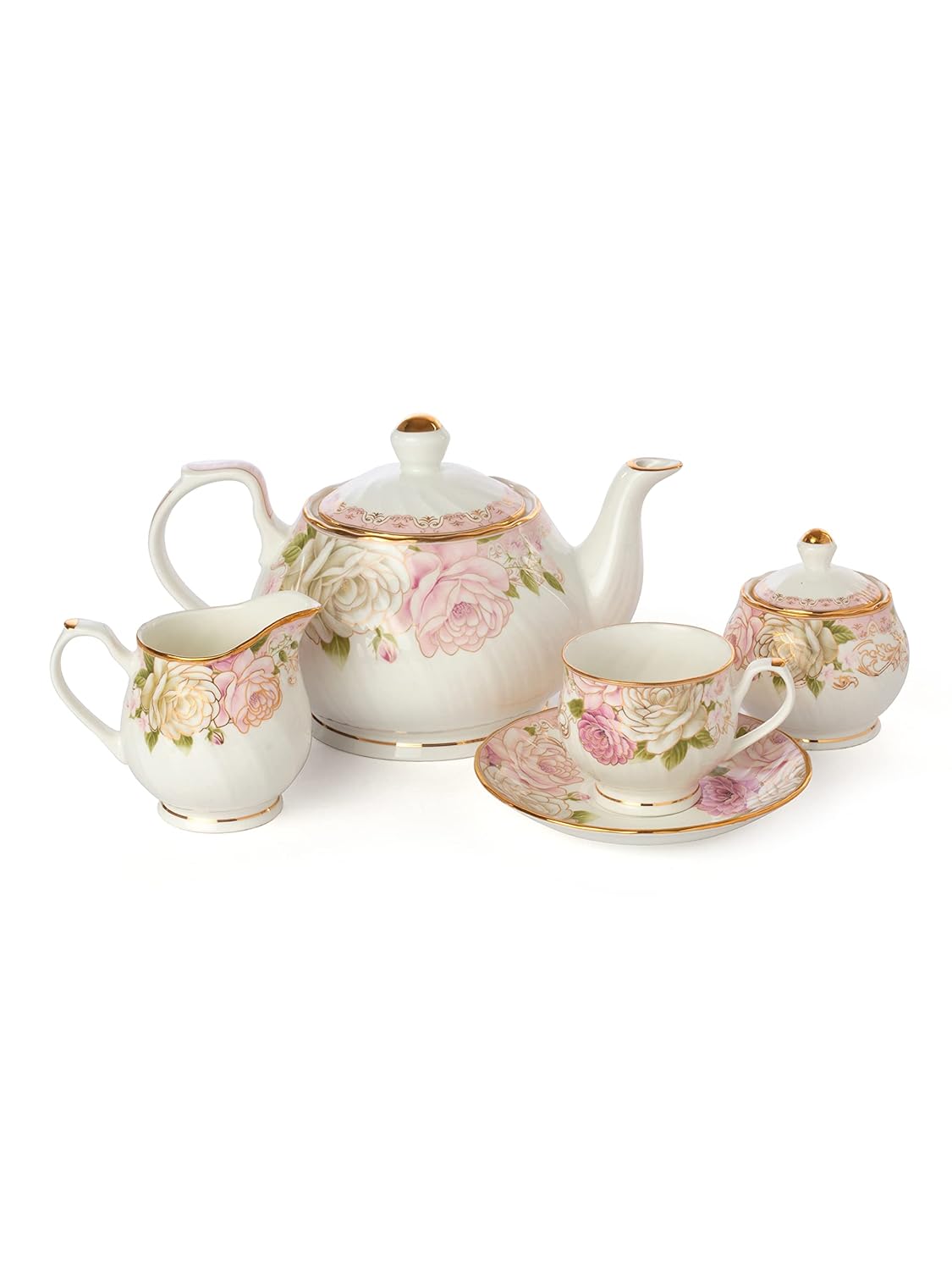 Clay Craft Gold Print Premium Fine Ceramic Tea Set of 15 Pcs (1 Kettle + 6 Cups + 6 Saucers + 1 Milk Pot + 1 Sugar Pot) (Design 6 - Rose(R512))