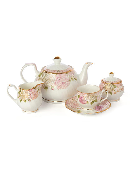 Clay Craft Gold Print Premium Fine Ceramic Tea Set of 15 Pcs (1 Kettle + 6 Cups + 6 Saucers + 1 Milk Pot + 1 Sugar Pot) (Design 6 - Rose(R512))
