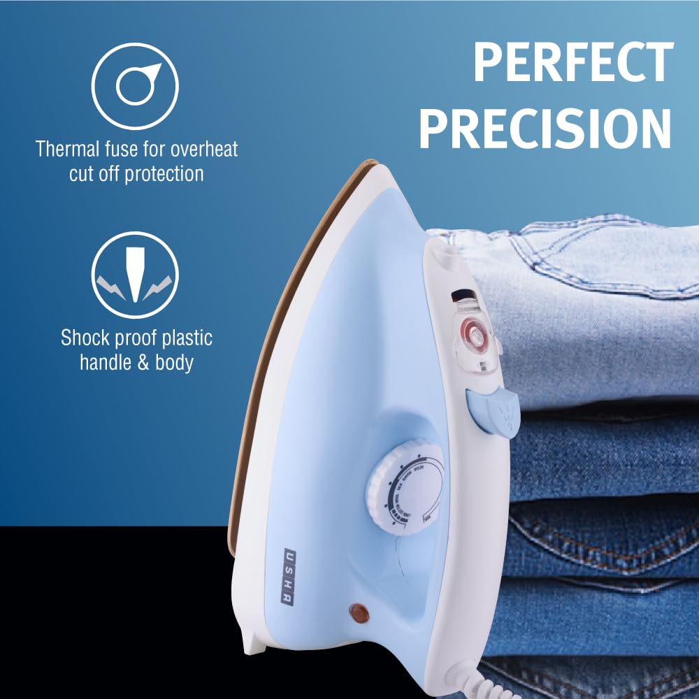 Usha Goliath Spray Tech 1200Watt Dry Iron with Water Spray Feature | Double Coated Golden Non Stick Soleplate for Longer Durability | 360° Swivel Cord | 2 Years Warranty | (Blue & White)