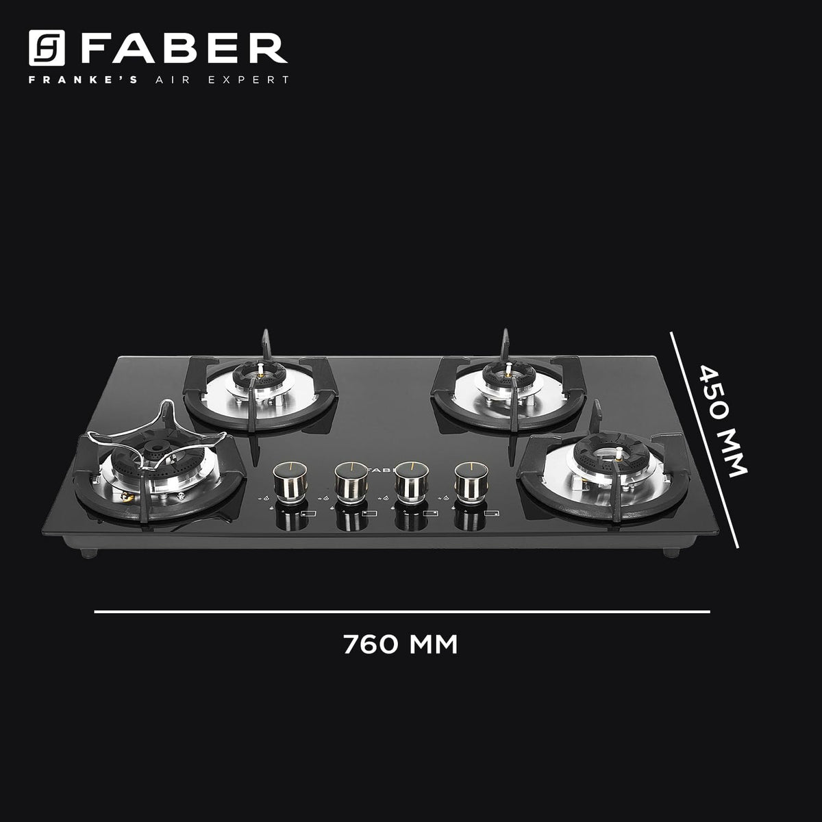 Faber Hob 4 Burner | Auto-Ignition | Spillage Proof | HOB SUPERIA HT764 BR AI N |Metal Knobs | Pan Support | Black Glass