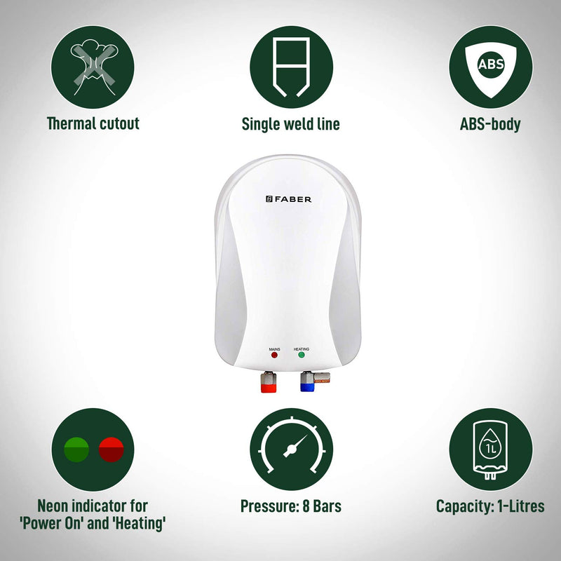 Faber Insta 1L/3kW Instant Water Heater | 1L Capacity, 8 Bar Working Pressure, ABS Body, SS 304 Tank, Power & Heating In