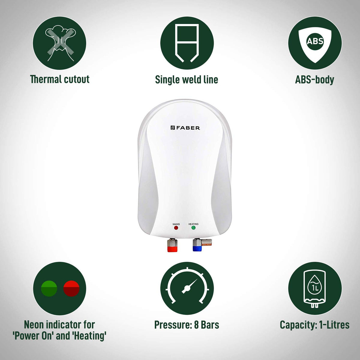 Faber Insta 1L/4.5kW Instant Water Heater | 1L Capacity, 8 Bar Working Pressure, ABS Body, SS 304 Tank, Power & Heating 