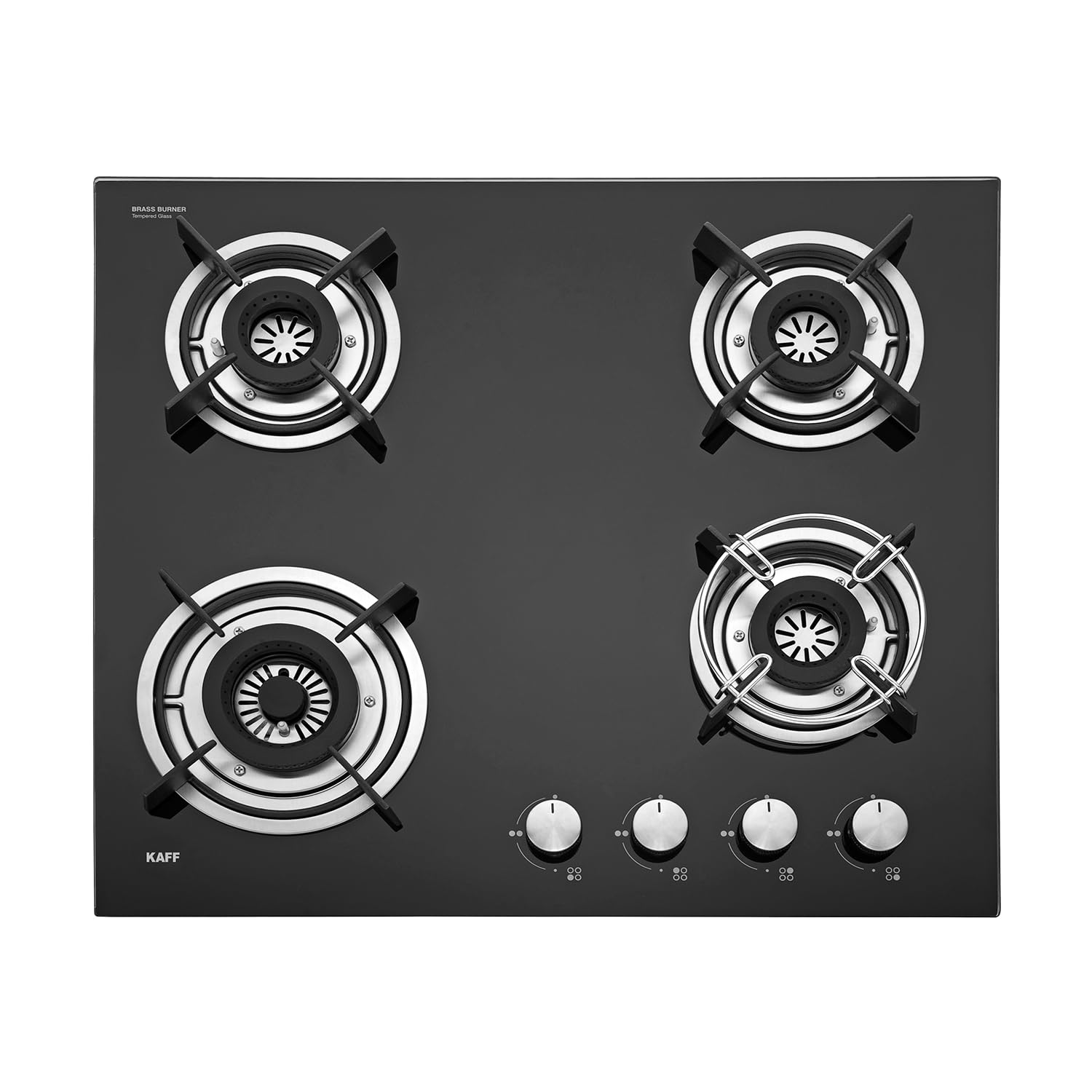 KAFF 4 Burners Built-in Hob & Hobtop For Modular Kitchen -8 MM |Auto Electric Ignition Glass Top| Powerful Brass Burners| Enamelled Matt Finish, Easy Metal Grip Knobs, (Black,60CM)