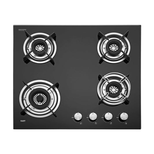 KAFF 4 Burners Built-in Hob & Hobtop For Modular Kitchen -8 MM |Auto Electric Ignition Glass Top| Powerful Brass Burners| Enamelled Matt Finish, Easy Metal Grip Knobs, (Black,60CM)